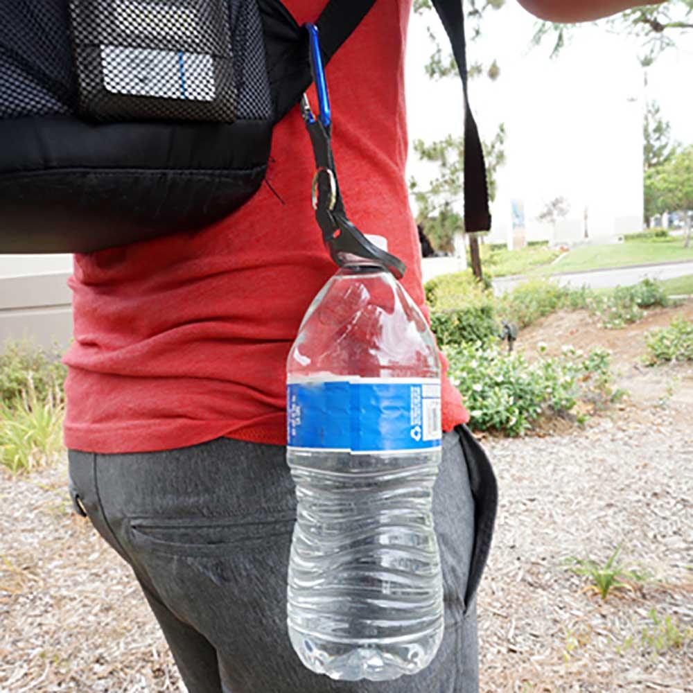 Universal Water Bottle Holder With Blue Aluminum Carabiner Clip Attachment  