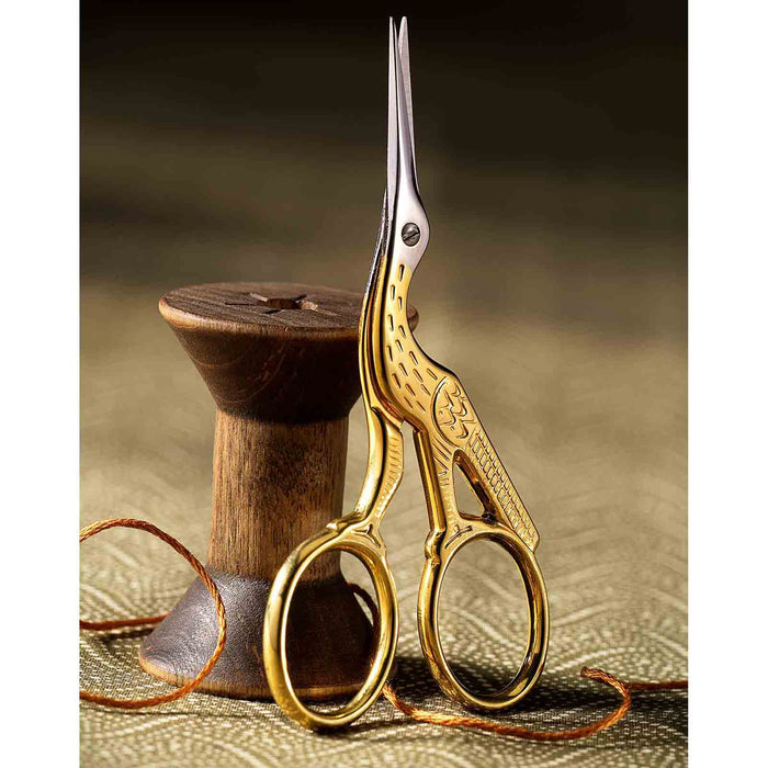 Gingher 220490 - 3 1/2 inch Gold Handled Stork Embroidery Scissors - widgetsupply.com