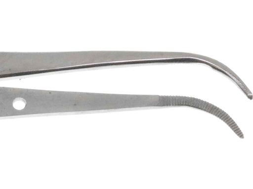 4.5 inch Splinter Tweezer Curved Serrated Medium Tip. Position Pin - widgetsupply.com